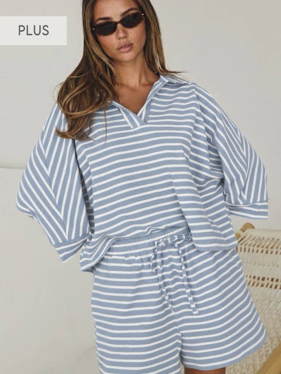 Oddi Pants - Oddi Plus Size Dusty Blue Stripe Two-Piece Short Set
